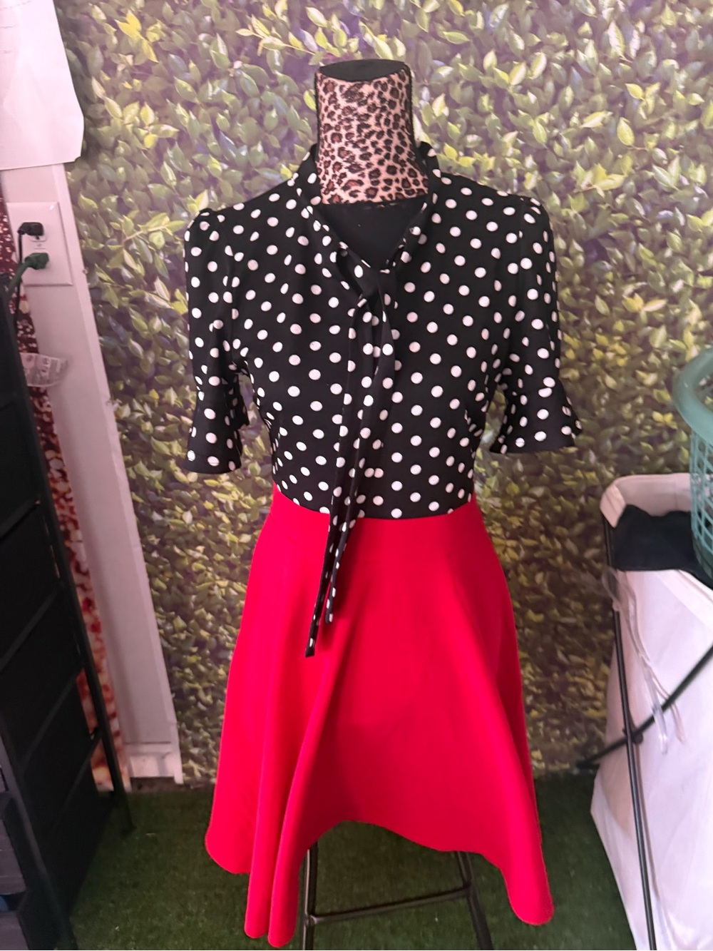 Polka Dot Tie Neck Top with Red Skirt Two-Piece Look mp80